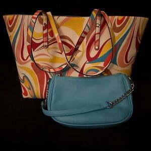 Colorful Swirl Tote and Blue Shoulder Bag Set